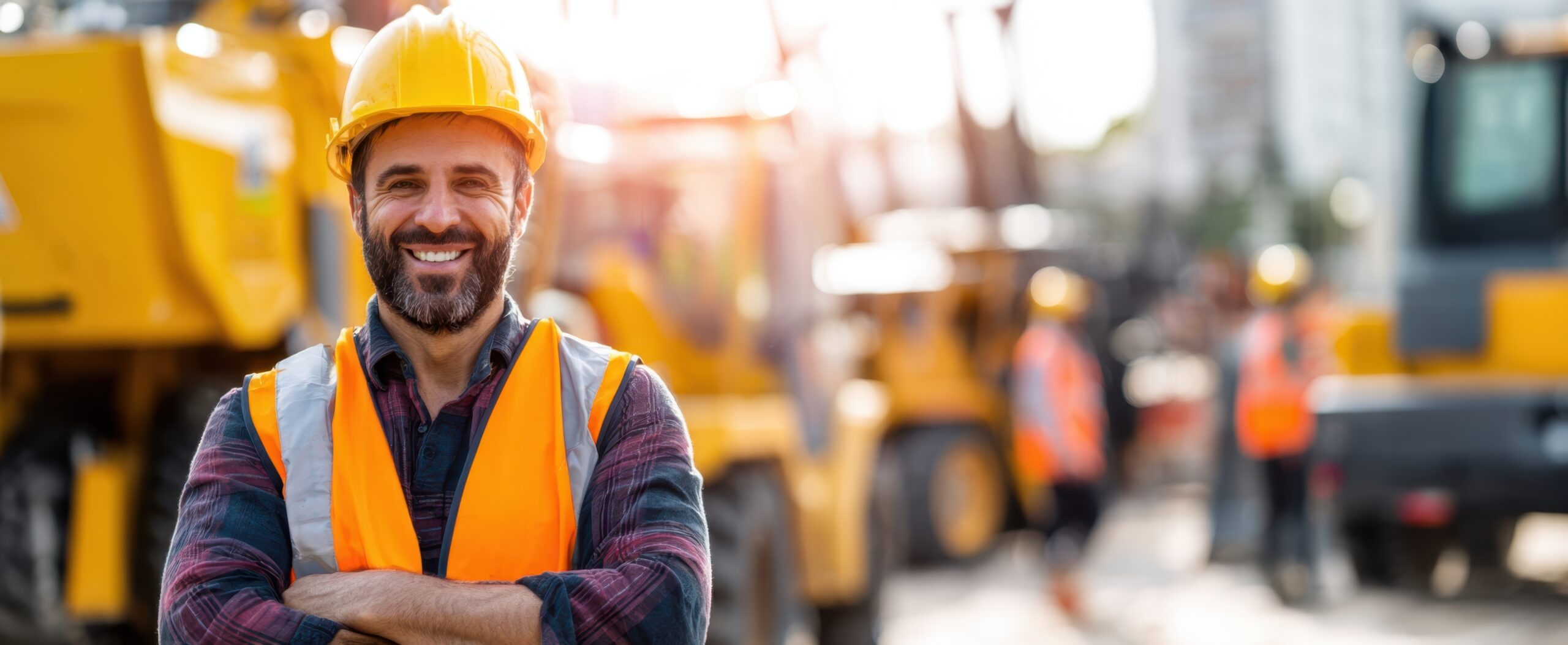 The smiling construction worker stands proudly at a busy job site.