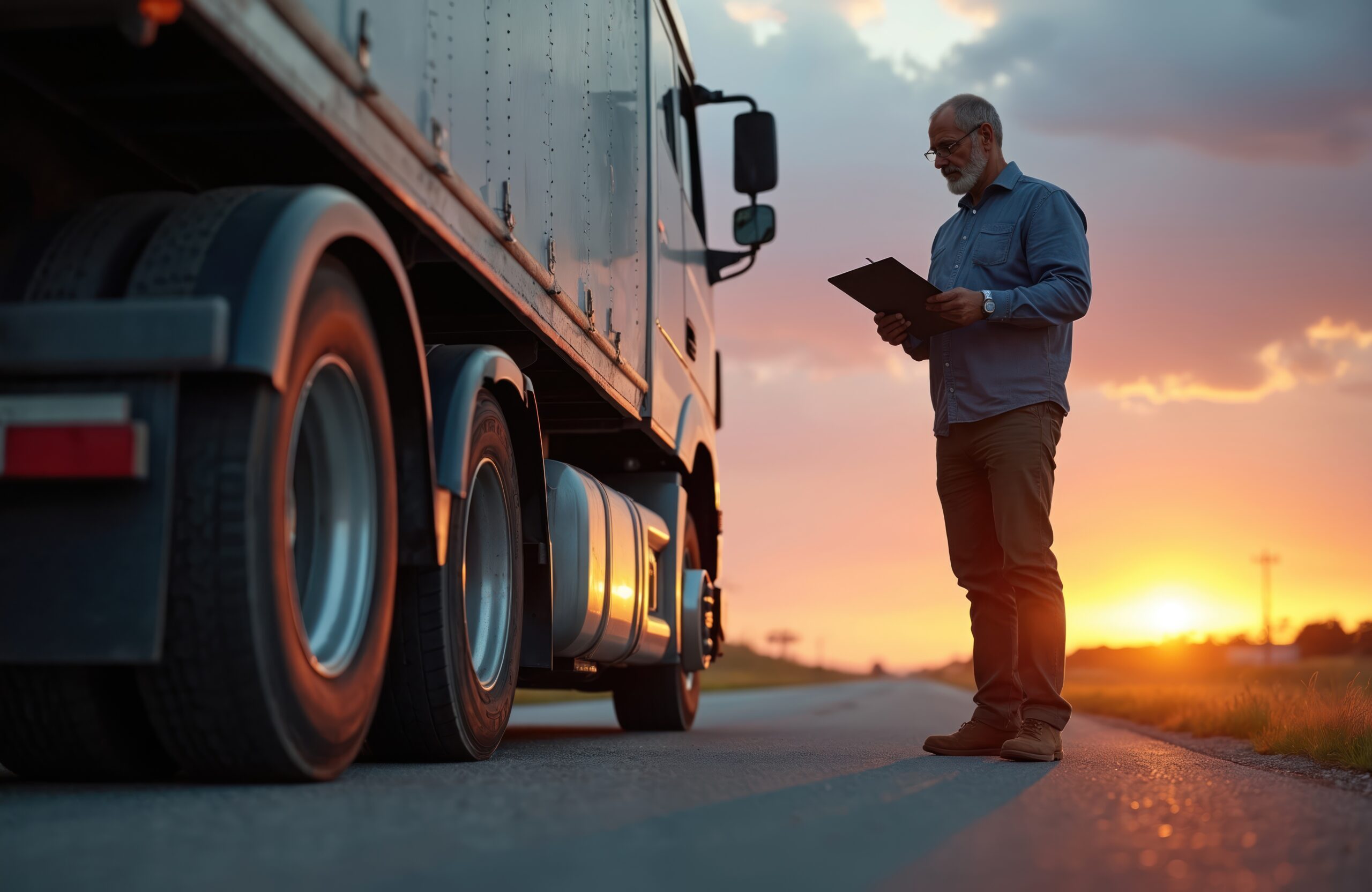 Man checks semi-truck trailer on rural road at sunset. Commercial driver inspects vehicle before delivery. Large gray truck with flatbed has vibrant red tire and white trailer.